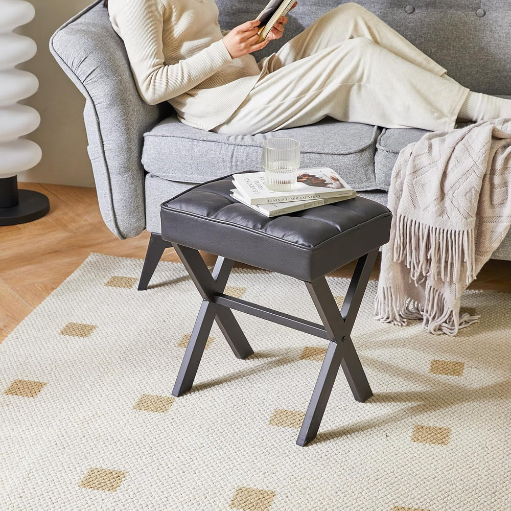 IBUYKE Square Makeup Stool with X-Leg, PU Vanity Chair, Black LG-71B | Footre...