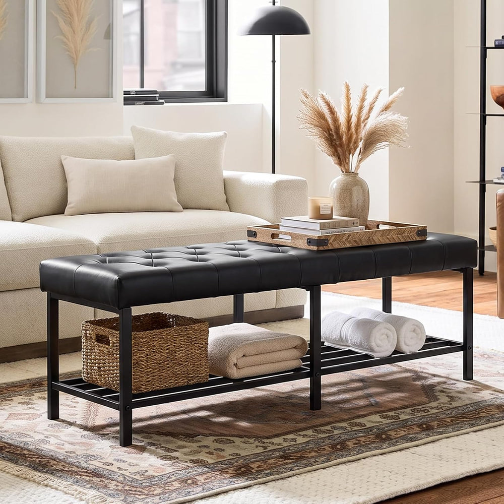SOFTHION 55.5" End of Bed Bench, Faux Leather Entryway Bench, Black | Mo...