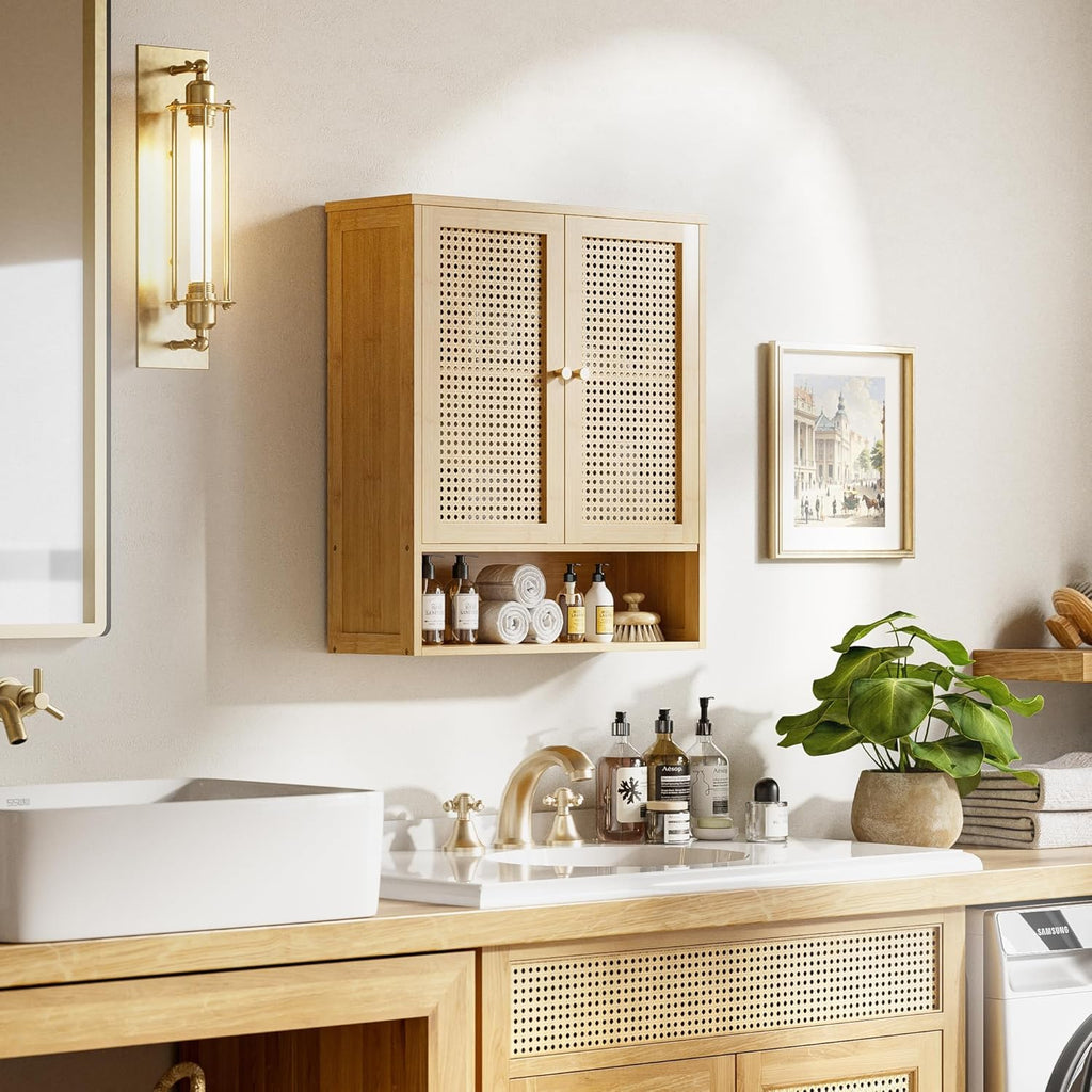 HITNET Bathroom Cabinet Wall Mounted, Rattan Medicine Cabinet, Bamboo Hanging Storage Organizer Over The Toilet with Adjustable Shelf for Living Room, Kitchen, Entryway (Natural)
