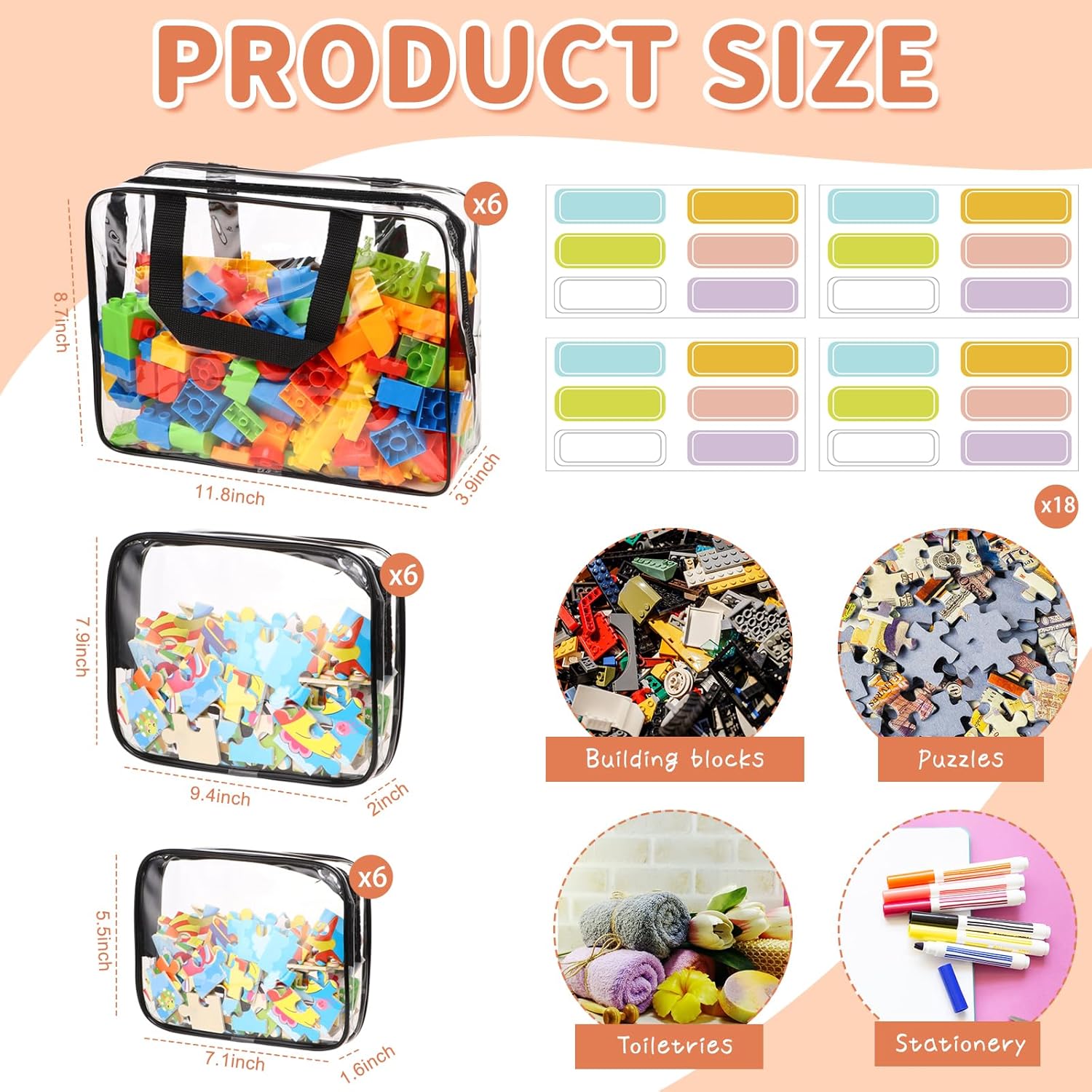 18 Packs Toy Storage Bags with Labels, Clear PVC Puzzle Storage Bags, Waterproof Travel Toy Organizer Bags with Zipper for Building Blocks Kids Books (3 Size)