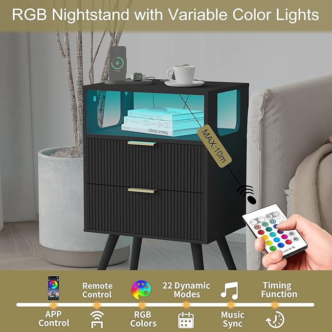 Black Nightstand with Charging Station and LED Lights,Modern Bedside Table wi...
