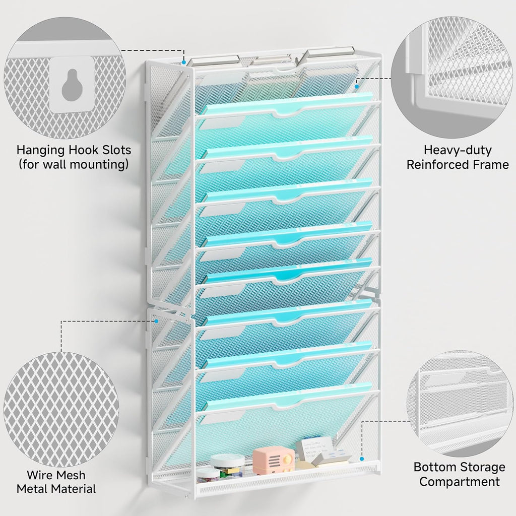 Lavatino 10-Tier Hanging Wall File Folders Organizer - White Metal Mesh Paper Magazine Document Mail Holder File Organizer for Office School Home Wall Mount or Desk Supplies Organization