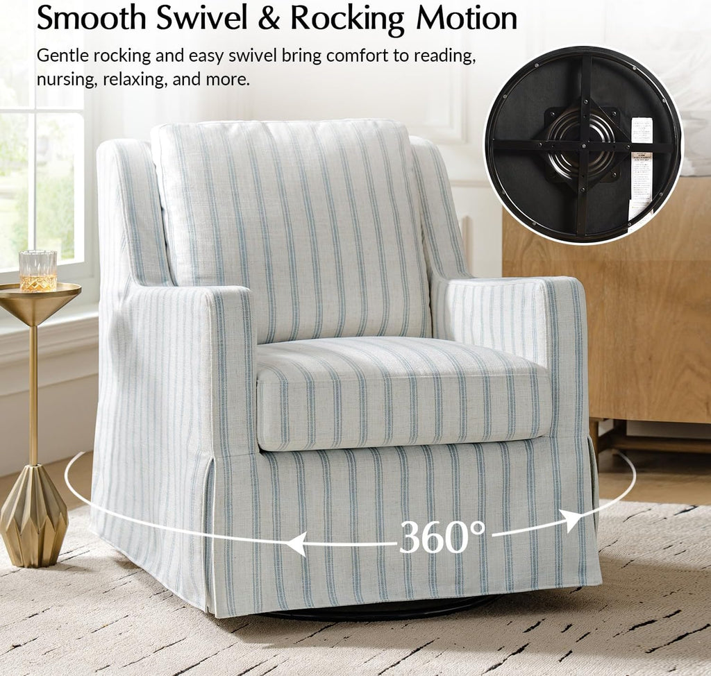HULALA HOME Farmhouse Swivel Rocker Chair with Washable Slipcover, Blue | Swivel Rocking Accent Chair with Down Filled Cushions, Striped Fabric Upholstered Barrel Armchair for Living Room Bedroom