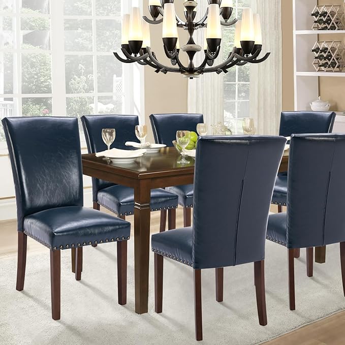 COLAMY Upholstered PU Leather Dining Chairs Set of 6 with High Back Support, Nailhead Trim & Solid Wood Legs, Comfortable Dining Room Chairs for Kitchen Table, Apartment & Family Use