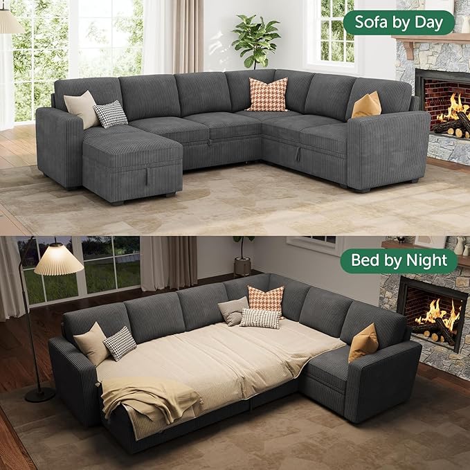 HONBAY Modular Sectional Couch with Pull Out Bed, Corduroy Sleeper Sofa with Storage Ottoman, U Shaped Sectional Couches for Living Room, Dark Grey
