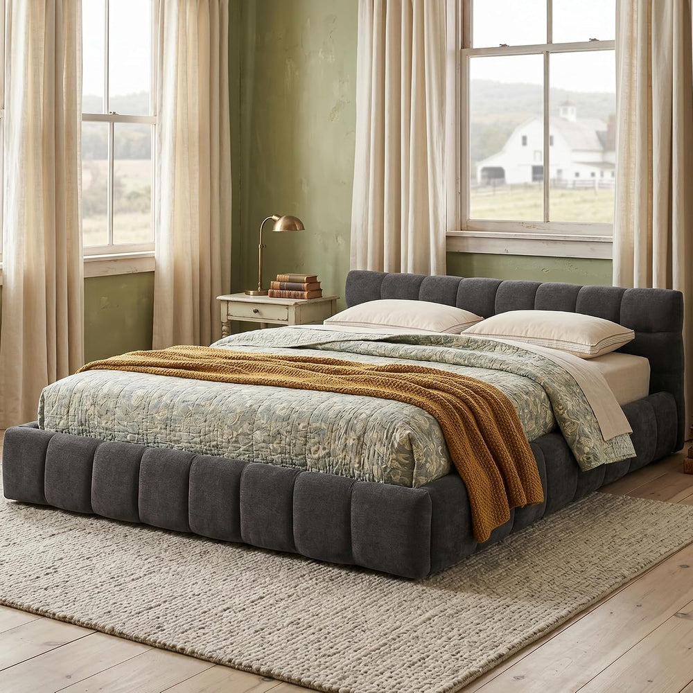 Upholstered Platform Bed Frame, Low Profile Chenille Bed with Headboard, Mode...