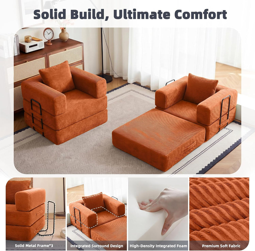 37.4in Convertible Sofa Bed, Corduroy Boneless Couch Bed, Futon Sleeper Sofa Pull Out Bed, Foldable Couch for Living Room Apartment, No Assembly Required