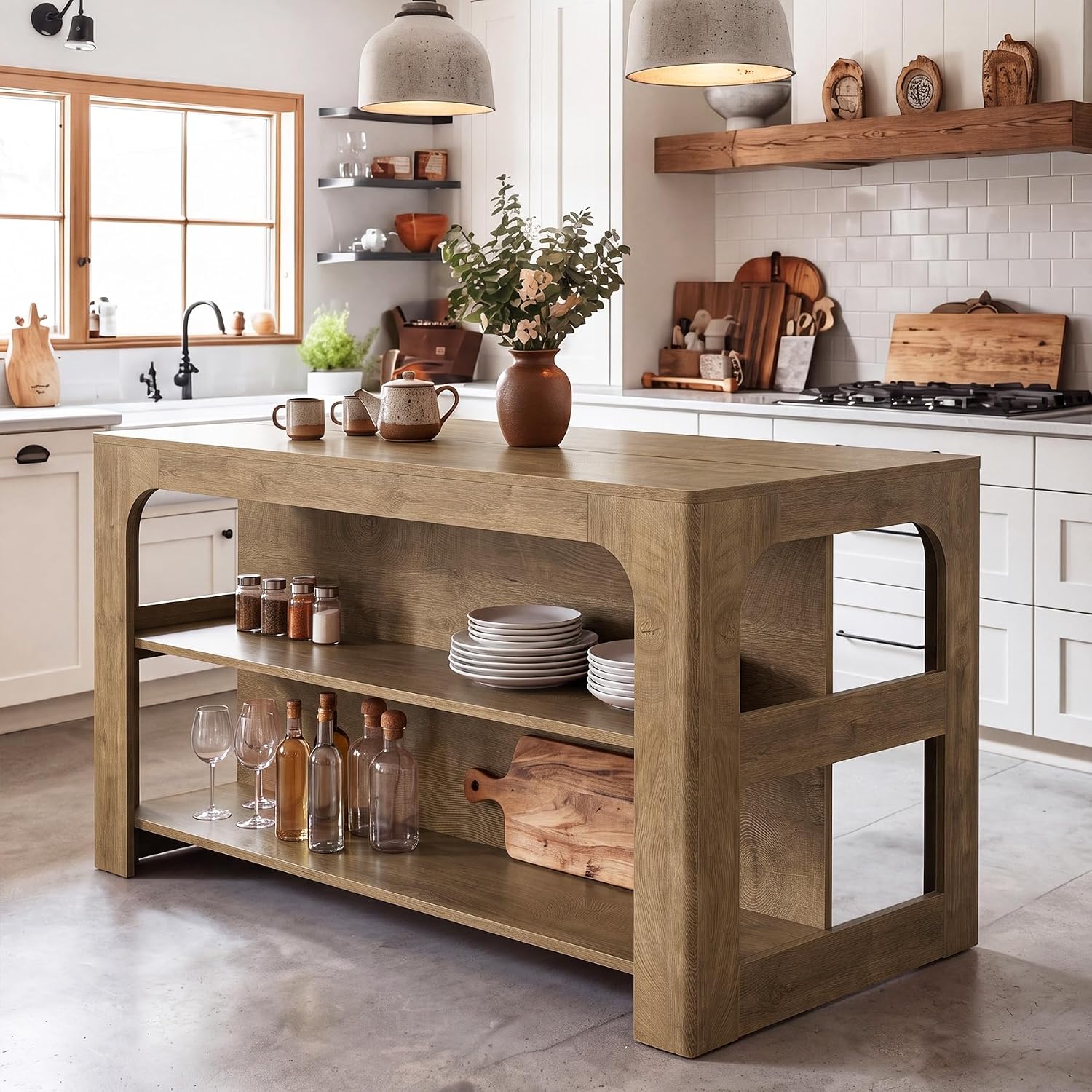 Tribesigns Kitchen Island with Seating and Storage, 55-Inch Island Table | Wooden Kitchen Island with 3 Shelves, Large Countertop, Counter Height Table for Kitchen, Dining Room, Rustic Brown