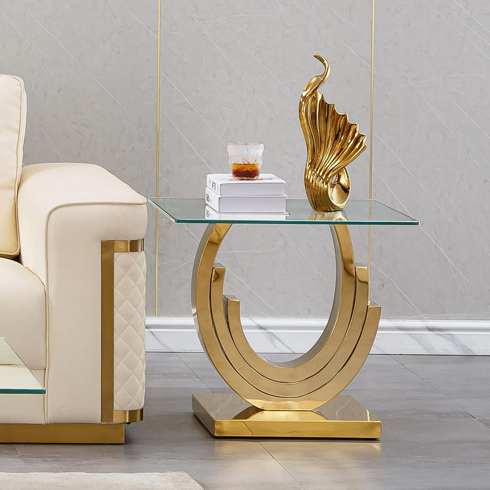 Modern End Table, Living Room End Table with Tempered Glass Top & Geometr...