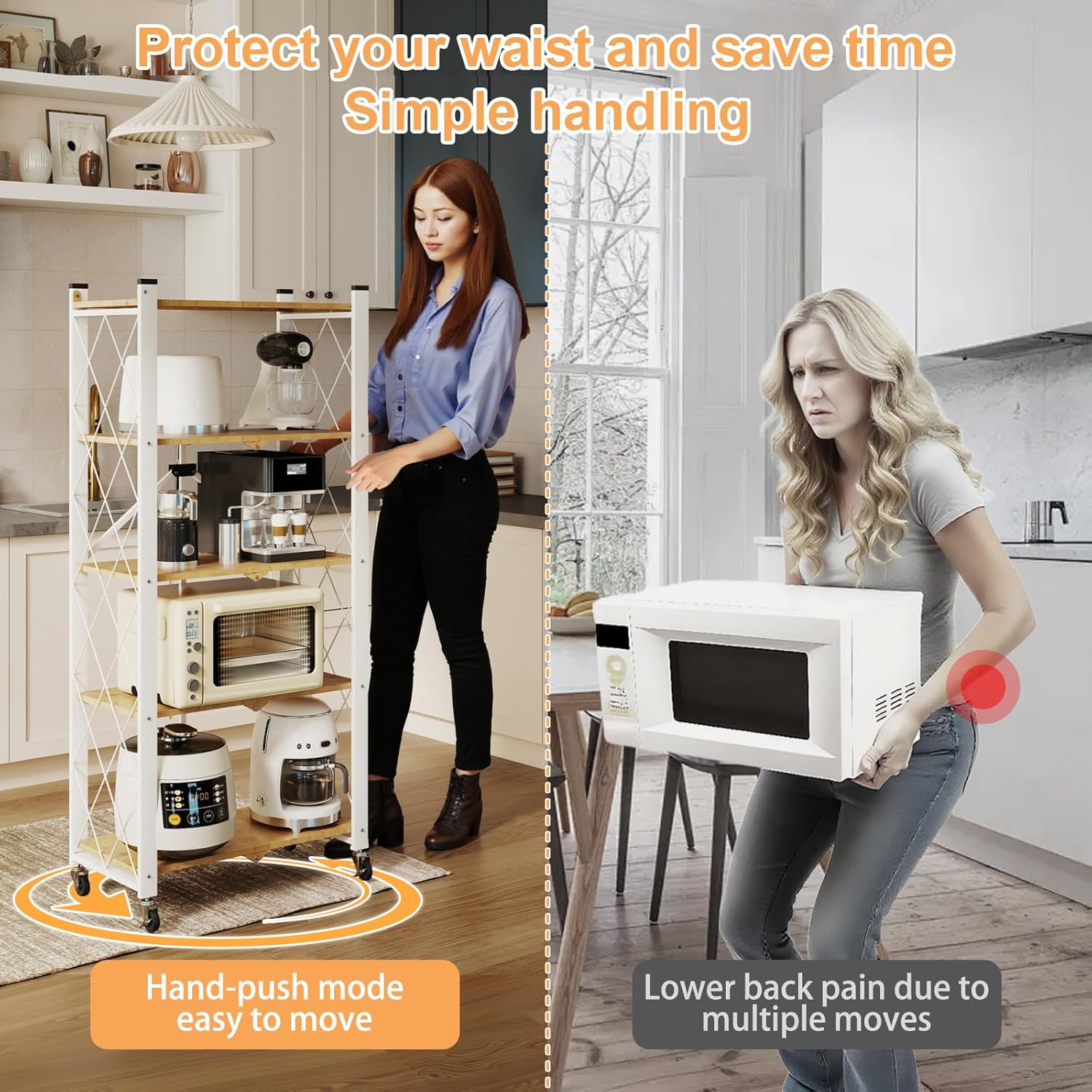 5-Tier Foldable Storage Shelves with Wheels, Folding Metal Shelf Unit, Folding Bookshelf no Assembly, Collapsible Shelves for Craft Shows for Kitchen, Bedroom, Living Room, Natural