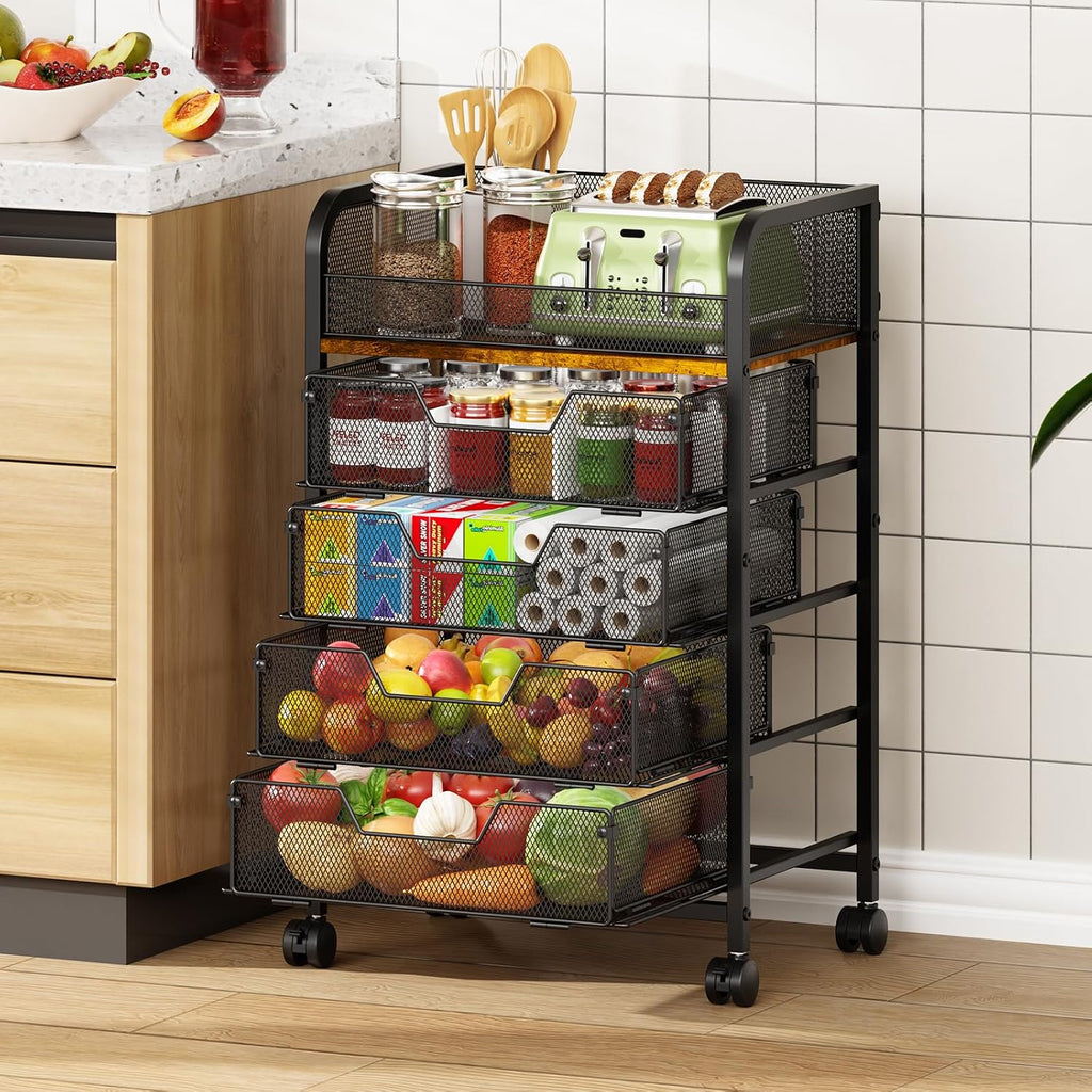 5-Tier Rolling Kitchen Cart with Drawers - Kitchen Storage Cart on Wheels,Pantry Snack Cart,Fruit and Vegetable Storage Cart with Wood Top,Rolling Utility Cart for Potato and Onion Storage
