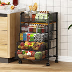 5-Tier Rolling Kitchen Cart with Drawers - Kitchen Storage Cart on Wheels,Pantry Snack Cart,Fruit and Vegetable Storage Cart with Wood Top,Rolling Utility Cart for Potato and Onion Storage