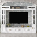 98.4" W Wall Unit Entertainment Center with Bookshelves for TVs up to 80", Modern TV Stand Media Console with Cabinets, Tempered Glass Doors for Living Room (White/T3)