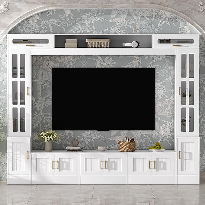 Merax 98.4" W Wall Unit Entertainment Center with Bookshelves for TVs up to 80", Modern TV Stand Media Console with Cabinets, Tempered Glass Doors and Adjustable Shelves for Living Room, White