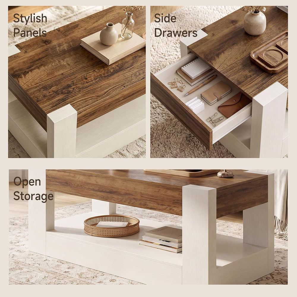 Farmhouse Living Room Table with Storage Set of 4, White | Include 70" T...