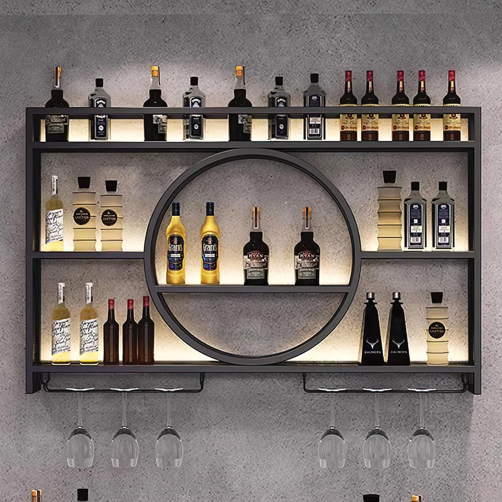 Metal Wine Rack Wall Mounted with LED Light, Modern 3-Tier Glass Holder and Stemware Shelves for Kitchen, Bar, Dining Room (Black, 100cm/39.4in)