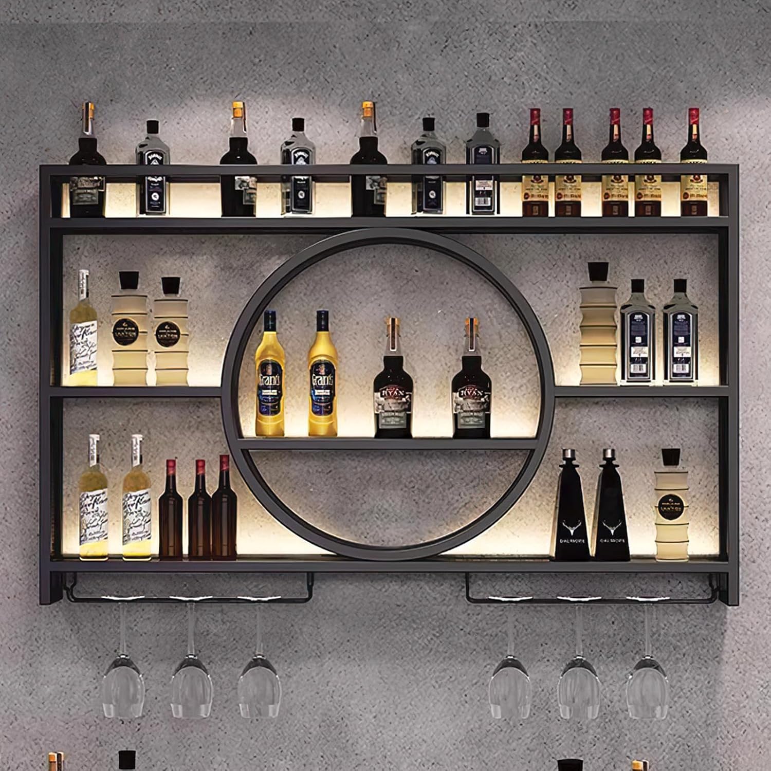 Metal Wine Rack Wall Mounted with LED Light, Modern 3-Tier Glass Holder and Stemware Shelves for Kitchen, Bar, Dining Room (Black, 100cm/39.4in)