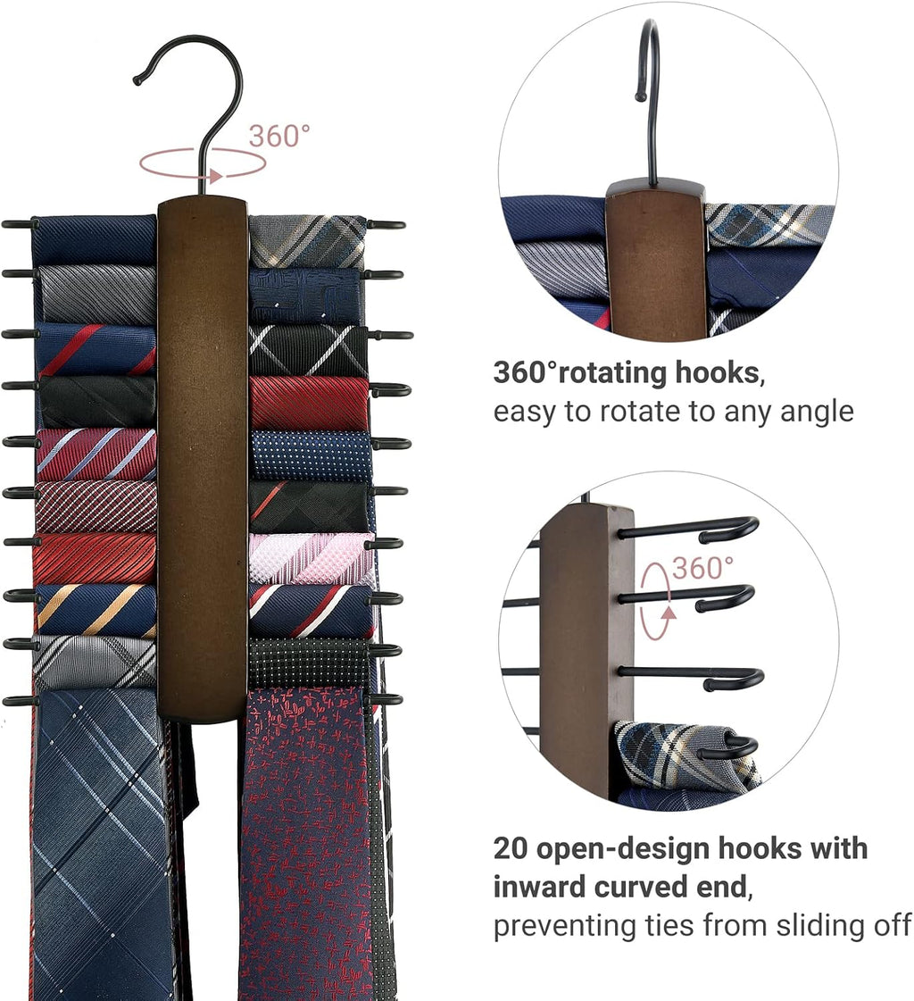 Mkono Wooden Tie Rack Retro Tie Belt Storage Hanger Organizer for Men Closet Space Saving Rack with 20 Non-Slip Hooks for Ties Belt Scarf Organize 360 Rotate Hanger Tie Display Holder, 1 Piece, Brown