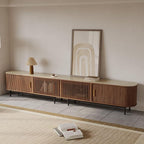 POVISON Fully-Assembled Sliding Tambour Door TV Stand, Mid Century Modern Sintered Stone TV Console, Wood Media Console, Entertainment Center with Storage Cabinet (Walnut, 118.11")
