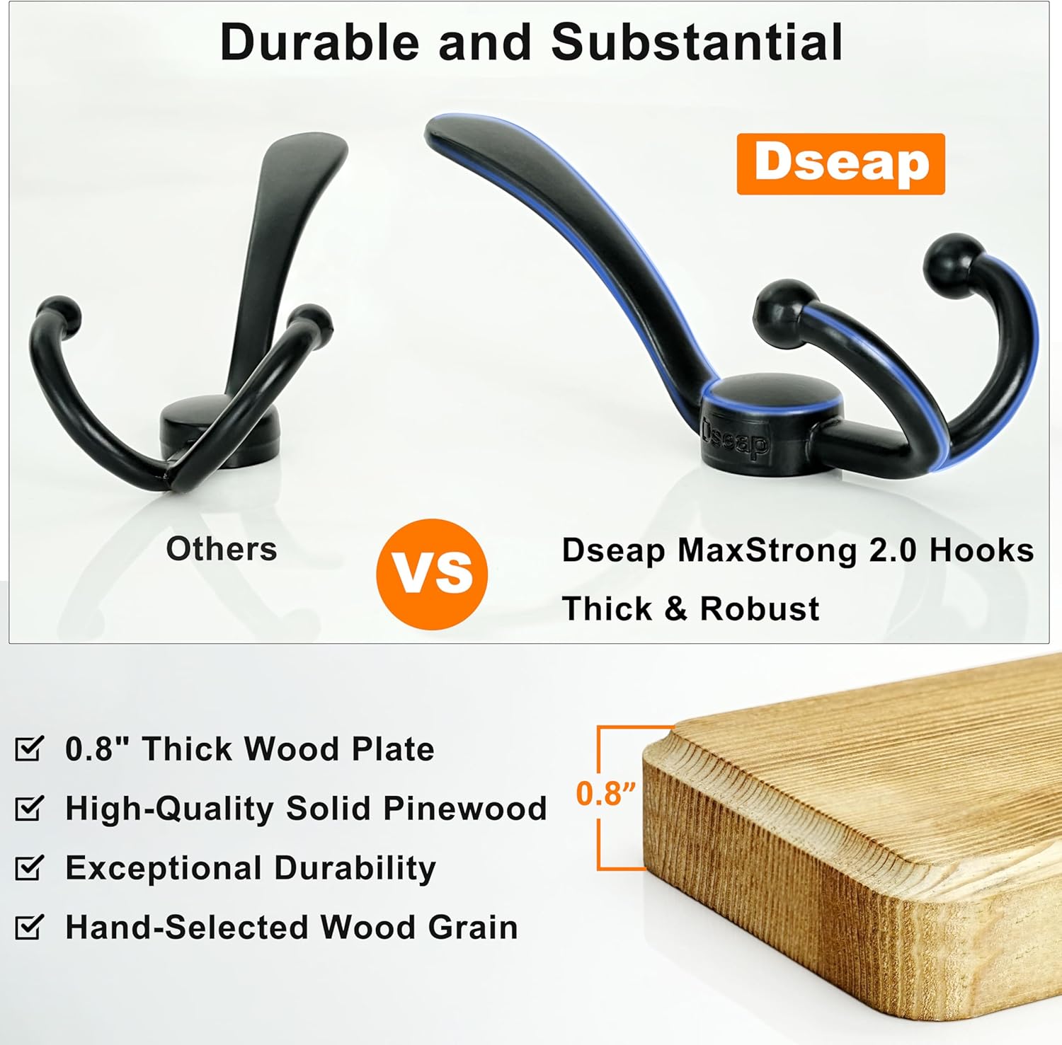 Dseap Coat Rack Wall - Heavy-Duty 38-1/4" Long, with Reinforced 10 Custom Tri-Hooks, Solid Wood Wall Hanger for Coats Hat Jackets - Rustic Farmhouse Entryway Hallway Storage, Light Brown & Black