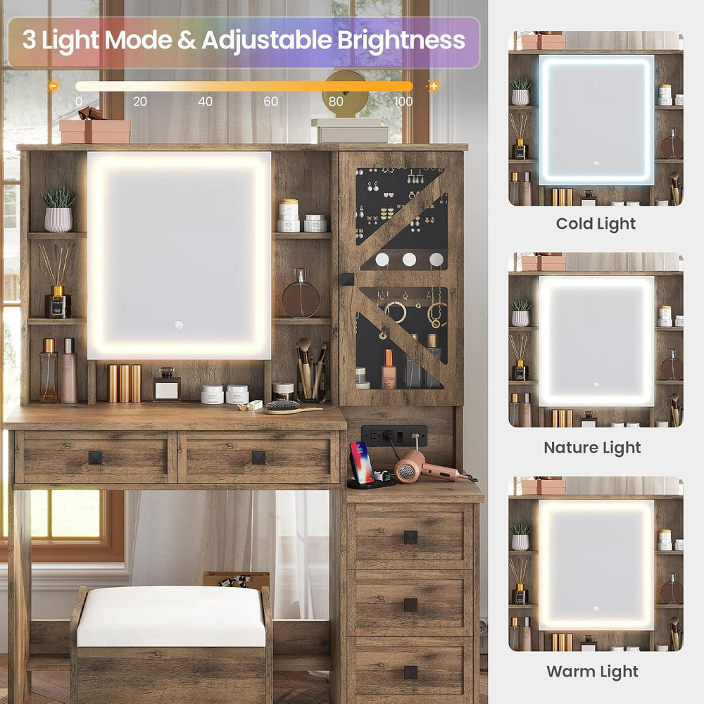 AOGLLATI Farmhouse Vanity Desk with Mirror and Lights, Makeup Vanity Set with...