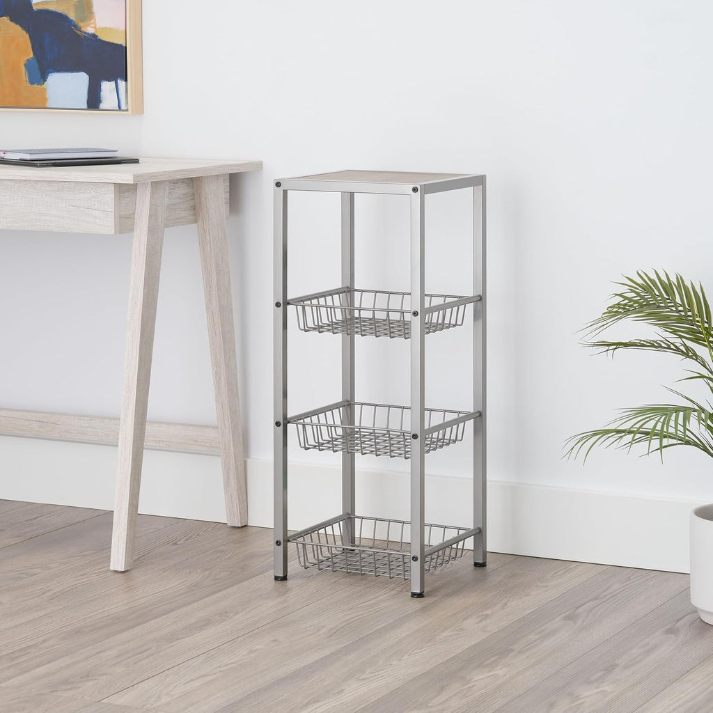TRINITY 4-Tier Freestanding Metal Shelving Rack with Wire Baskets, Wood Top, and Adjustable Feet, 12"x12"x30", Champagne + Classic Gray Top