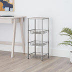 TRINITY 4-Tier Freestanding Metal Shelving Rack with Wire Baskets, Wood Top, and Adjustable Feet, 12"x12"x30", Champagne + Classic Gray Top