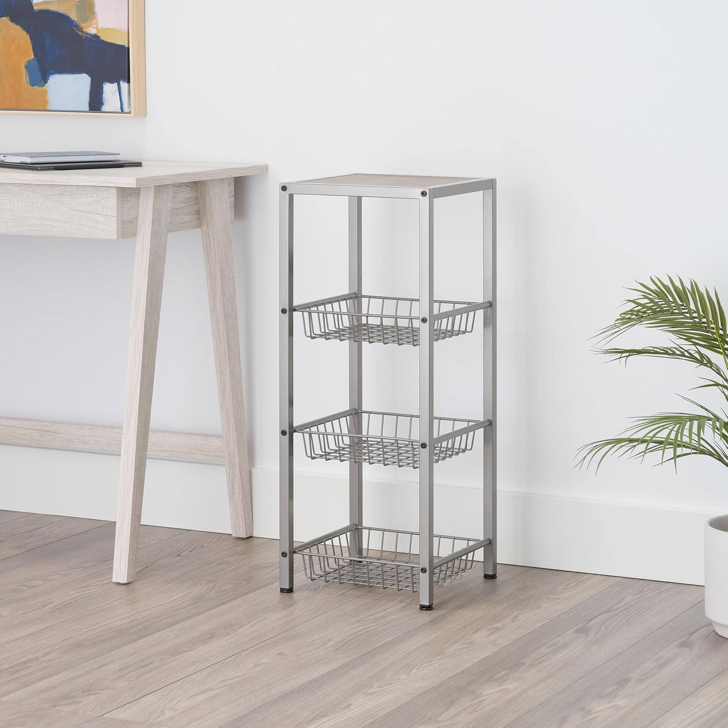 TRINITY 4-Tier Freestanding Metal Shelving Rack with Wire Baskets, Wood Top, and Adjustable Feet, 12"x12"x30", Champagne + Classic Gray Top