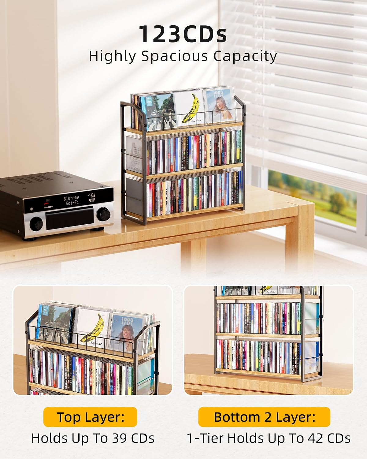 3-Tier CD Holder, CD Storage Rack for Non-slip Feet, Premium Display Organizer Tower for Collection, Modern Heavy-Duty Storage Shelf 11 lb Per Shelf Capacity, Store up to 123 CDs
