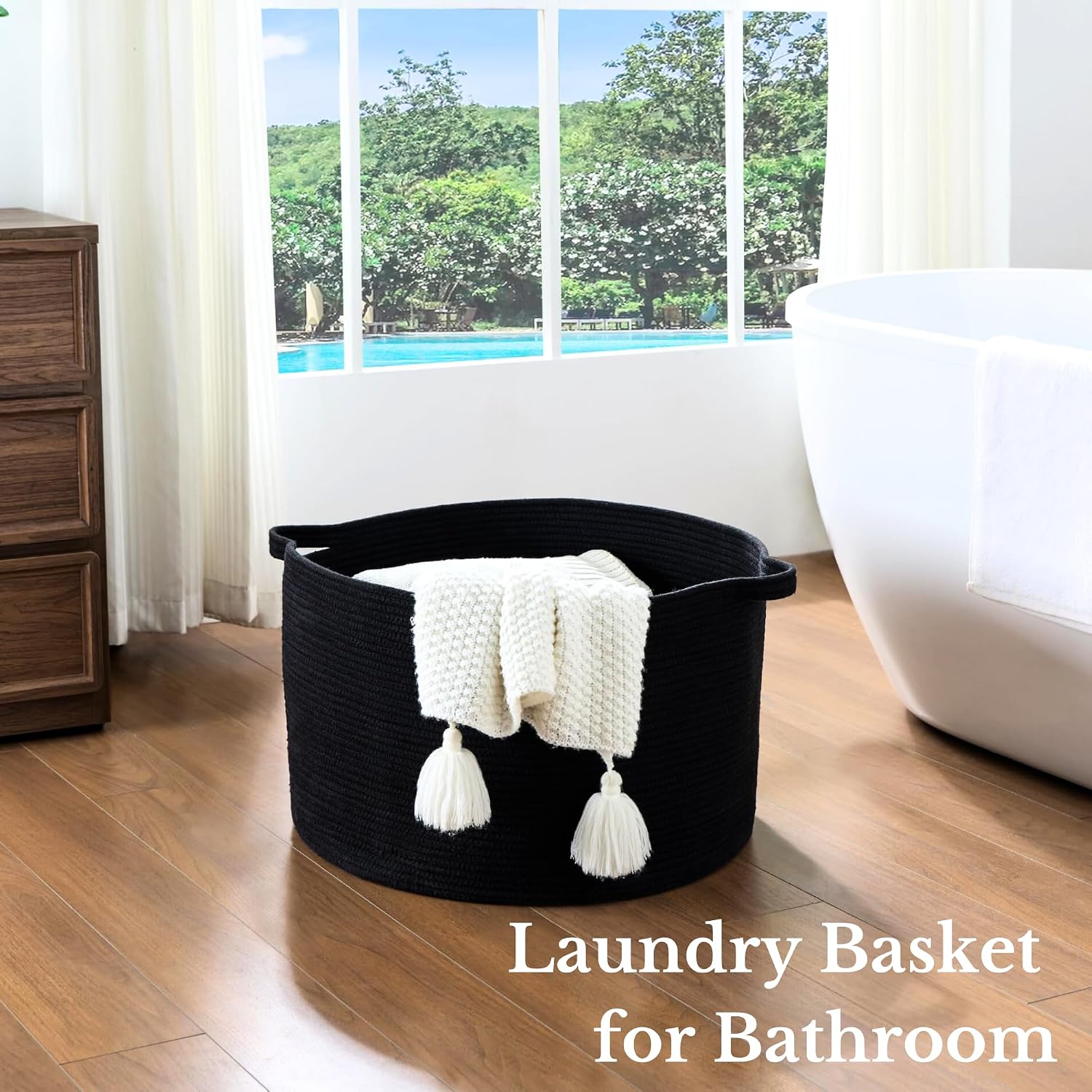 Extra Large Nursery Storage Basket, 22 x 22 x 14 inches - 100% Cotton Rope Baskets with Handles, Blanket Basket for Toys, Blankets & Pillows - Inner Black