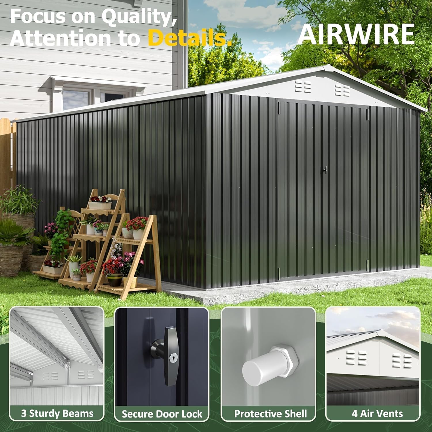 10x14 FT Outdoor Storage Shed, Garden Shed with Updated Frame Structure and Lockable Doors, Metal Tool Sheds for Backyard Garden Patio Lawn, White