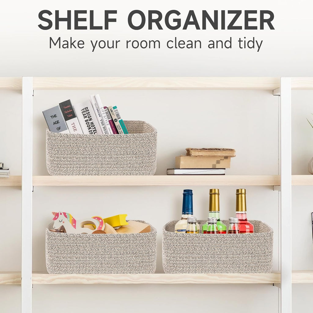3 Pack Storage Baskets for Organizing, 13.7×9.5×6.3", Mixed brown | Woven Baskets for Shelves, Cotton Rope Basket for Gifts Empty, Closet Organizer Bins with Handles, Cube Decorative Box