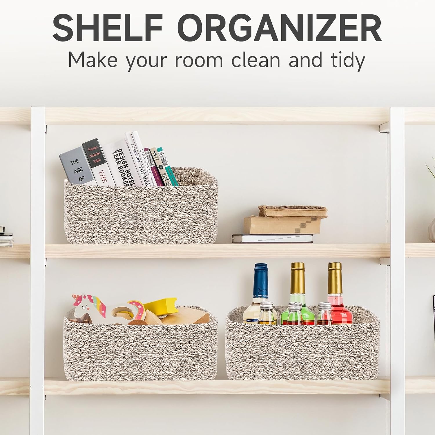 3 Pack Storage Baskets for Organizing, 13.7×9.5×6.3", Mixed brown | Woven Baskets for Shelves, Cotton Rope Basket for Gifts Empty, Closet Organizer Bins with Handles, Cube Decorative Box