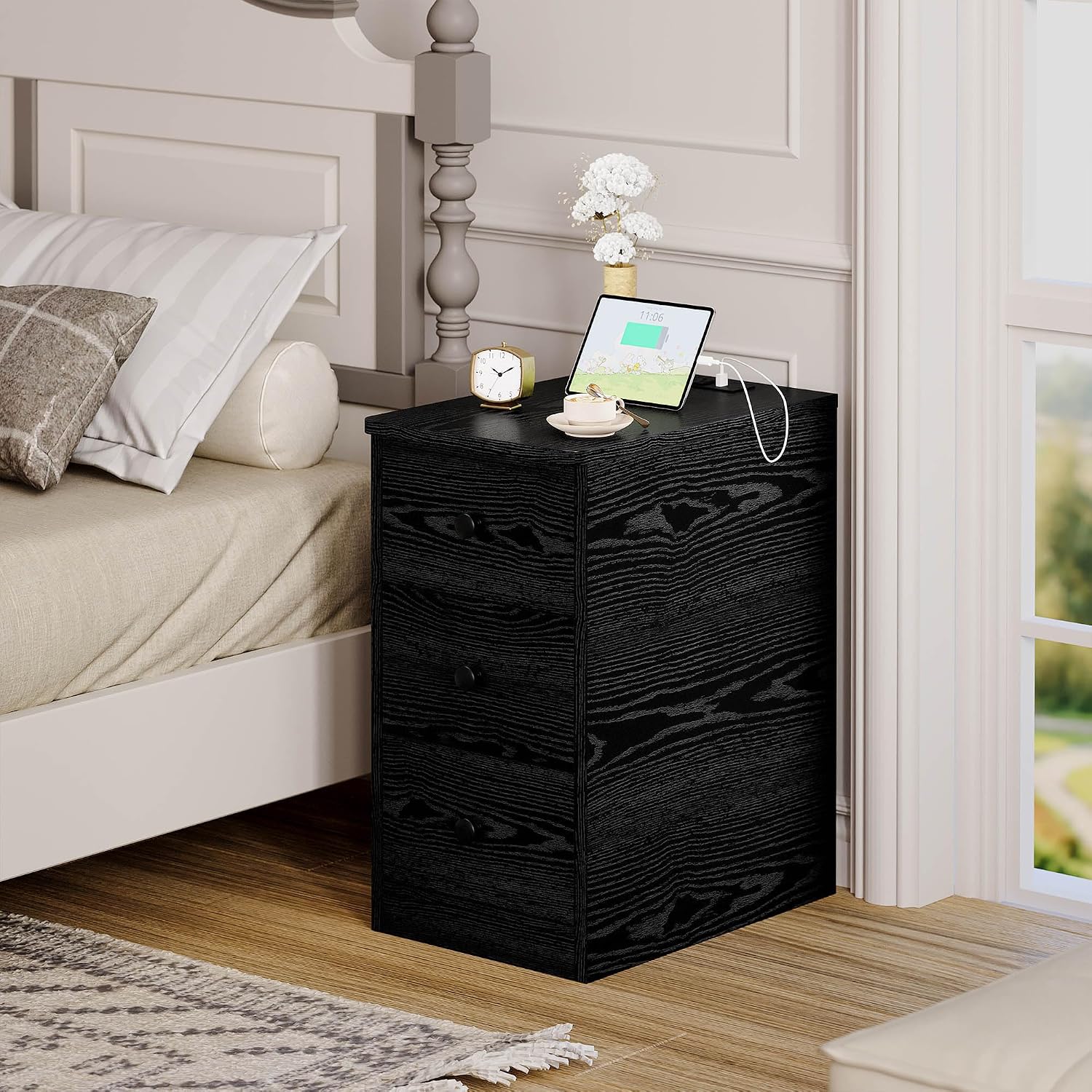 LIKIMIO Nightstand with Charging Station, 3 Drawers Modern for Bedroom