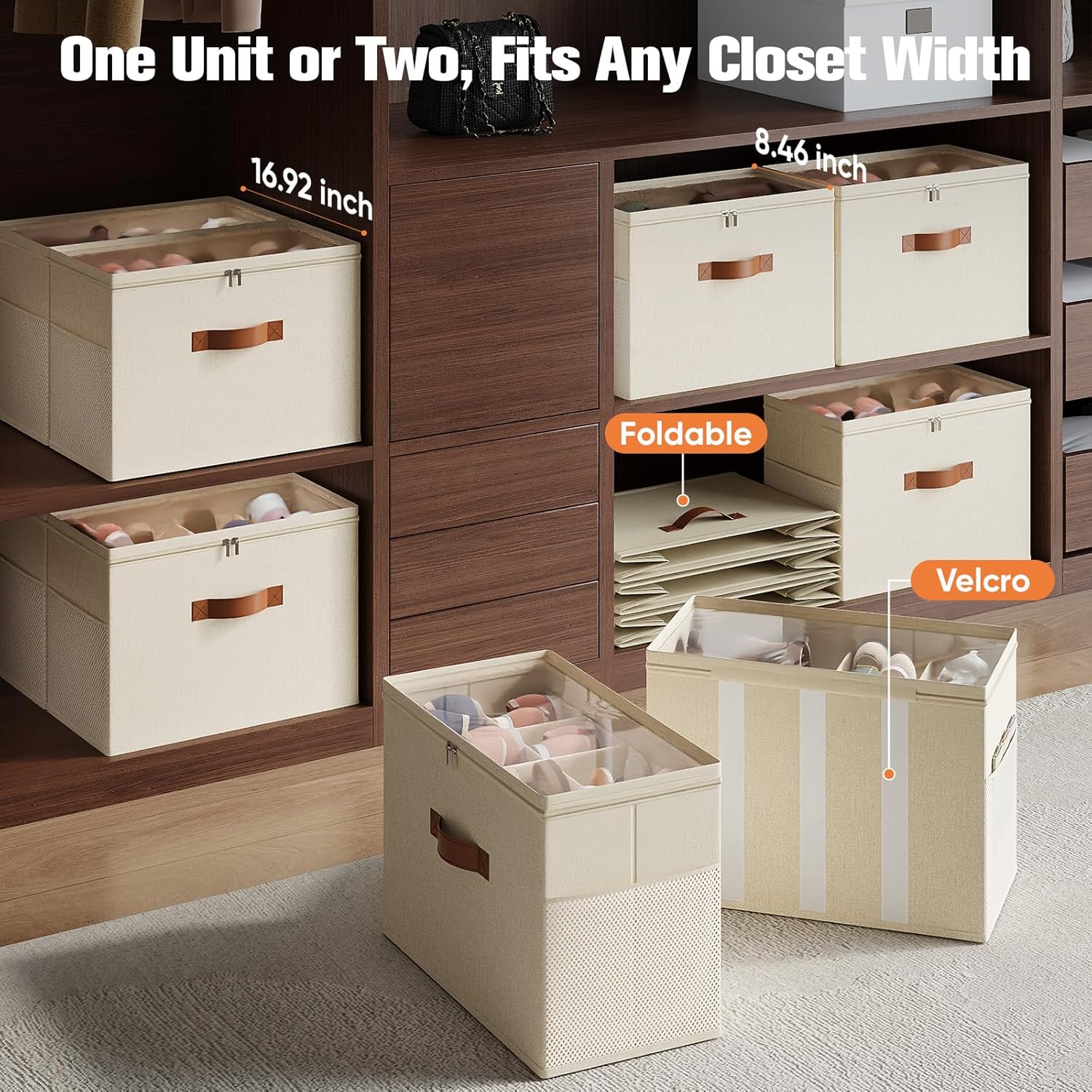 Shoe Organizer for Closet, 2 Pack Foldable Shoe Storage Organizer with Adjustable Dividers, Shoe Storage Box with Clear Cover, Fits up to 16 Pairs, Beige