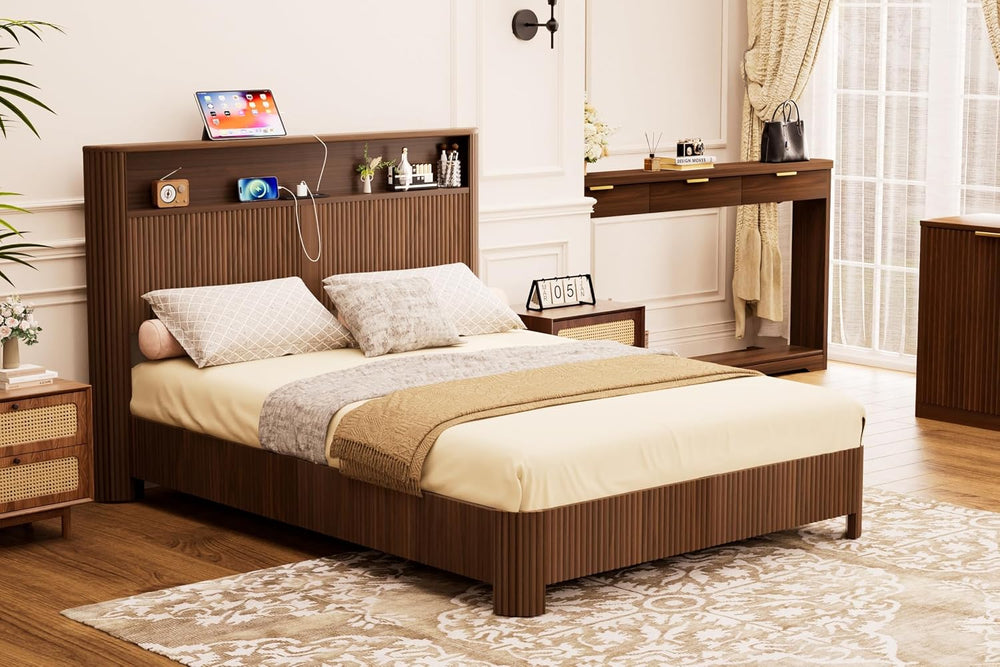 Peanu Queen Bed Frame, Wave Headboard, Charging Station Walnut