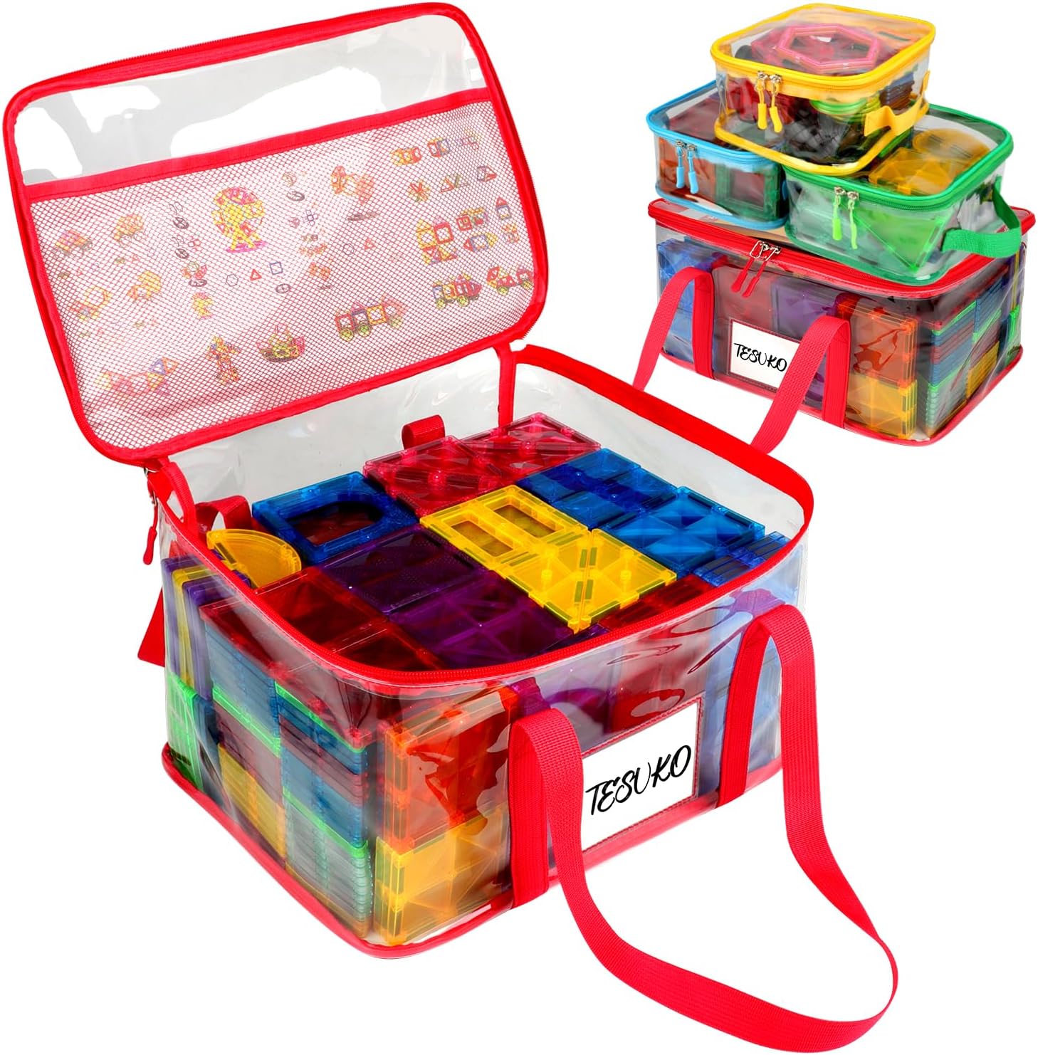 4 Pack Magnetic Tiles Storage Bag with Manual Pocket& Name Tag, Whole Clear PVC Magnetictiles Organizer Case for Magnetic Tiles, Building Blocks, Toy Cars, Board Game, Puzzle (Colorful)