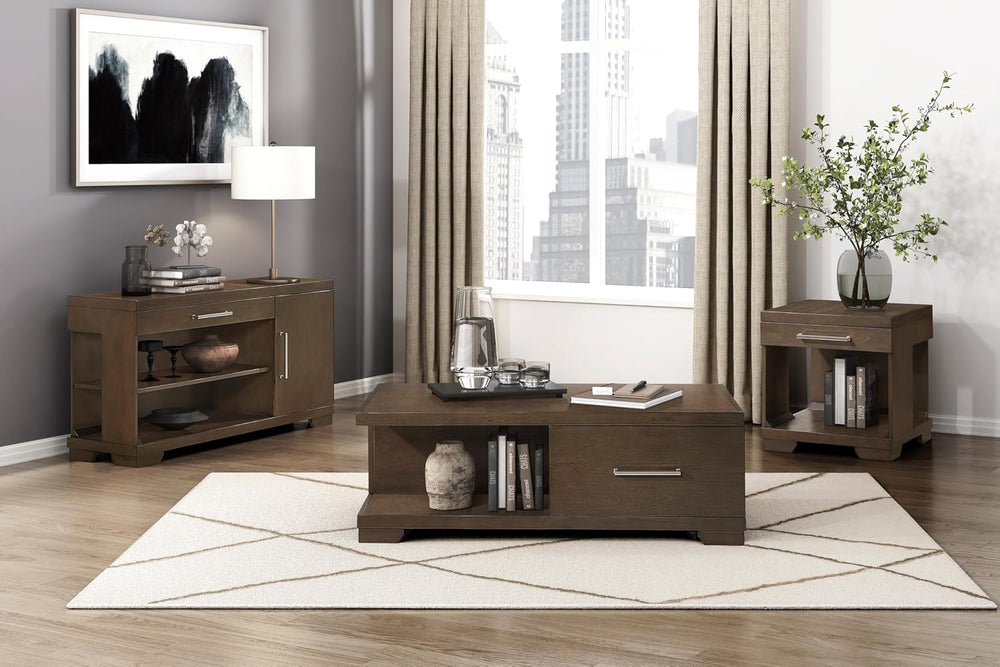 Penau Modern Rectangular End Table Espresso Finish, Dovetail Drawer with Nick...