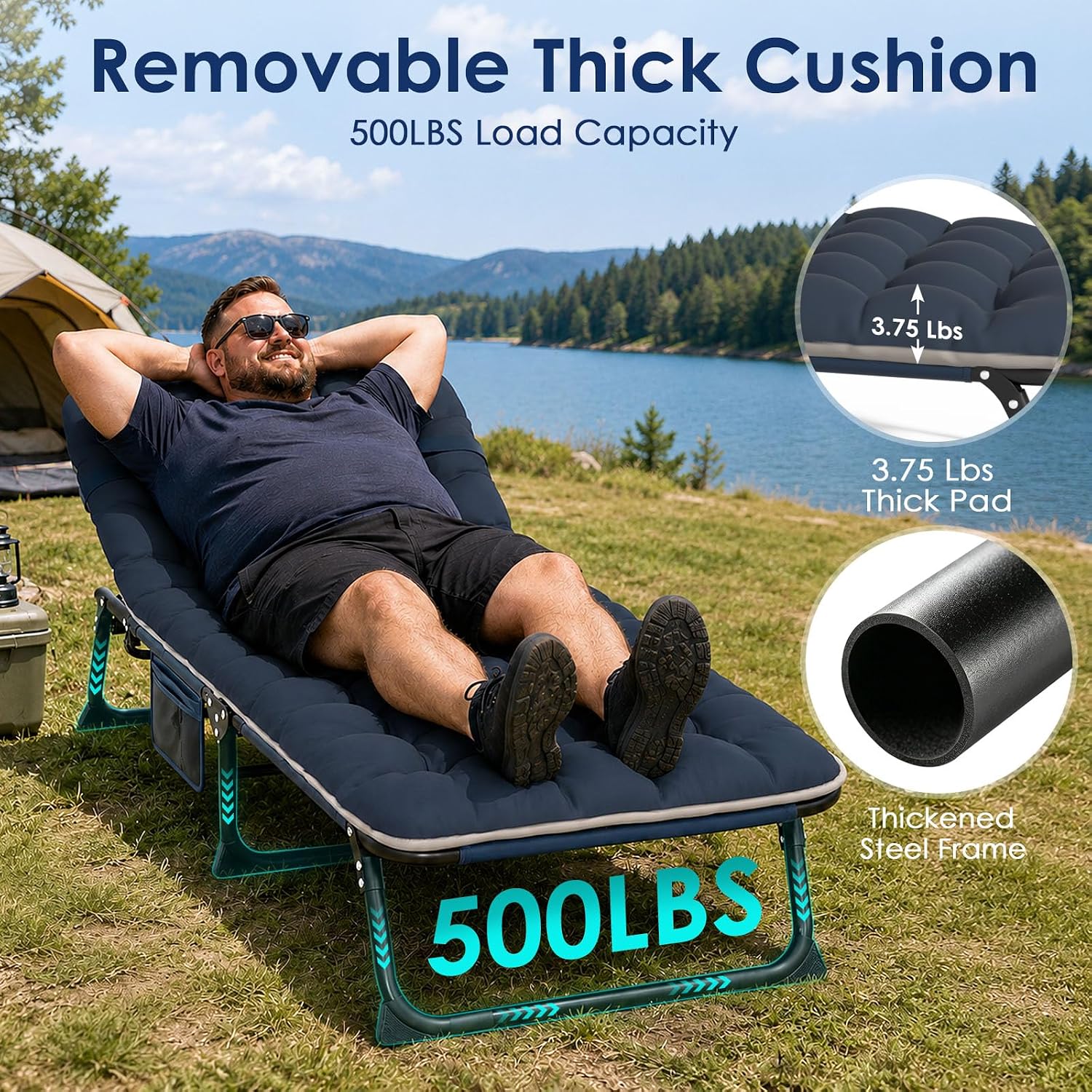 Suteck Tanning Chair with Face Hole, Folding Beach Lounge Chairs, Blue | Adjustable 5-Position Reclining Chaise, Removable Cushion & Pillow, Cooler Bag, 500Lbs Heavy-Duty for Outdoor Camping& Home