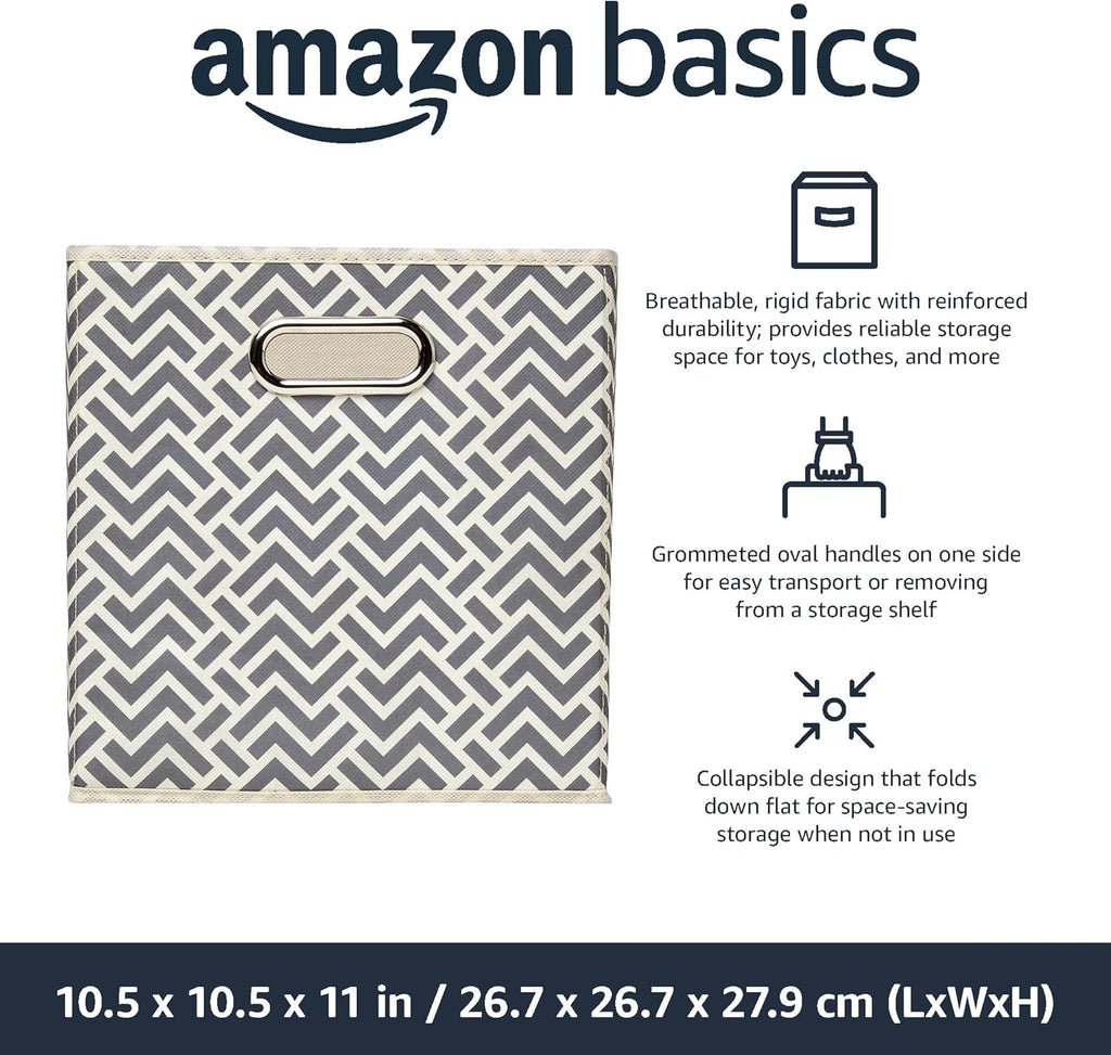 Amazon Basics Collapsible Cube Storage Organizer Bins, 6-Pack, 10.5 x 10.5 x 11 inches, Chevron Grey