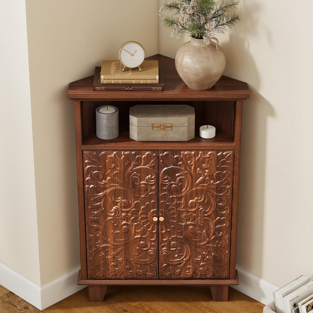 Corner Storage Cabinet, 31.5" Floral Accent Cabinet, Small Spaces, Walnut