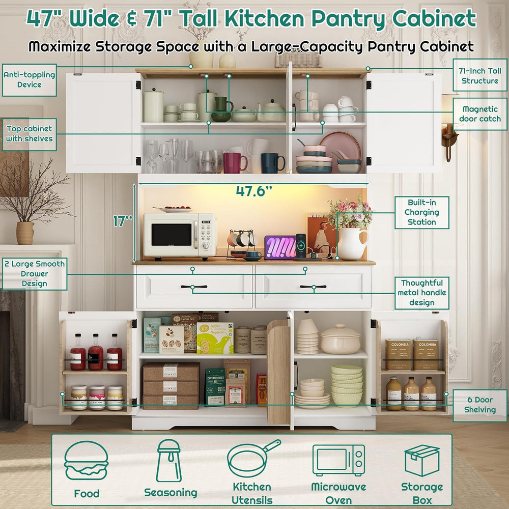 71" Tall 47" Wide Large Pantry Storage Cabinet w/ Power Outlet,LED ...