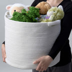 Blanket Basket (16" Dx14 H) - Round Woven Rope Storage for Living Room Throws, Pillows & Laundry- White