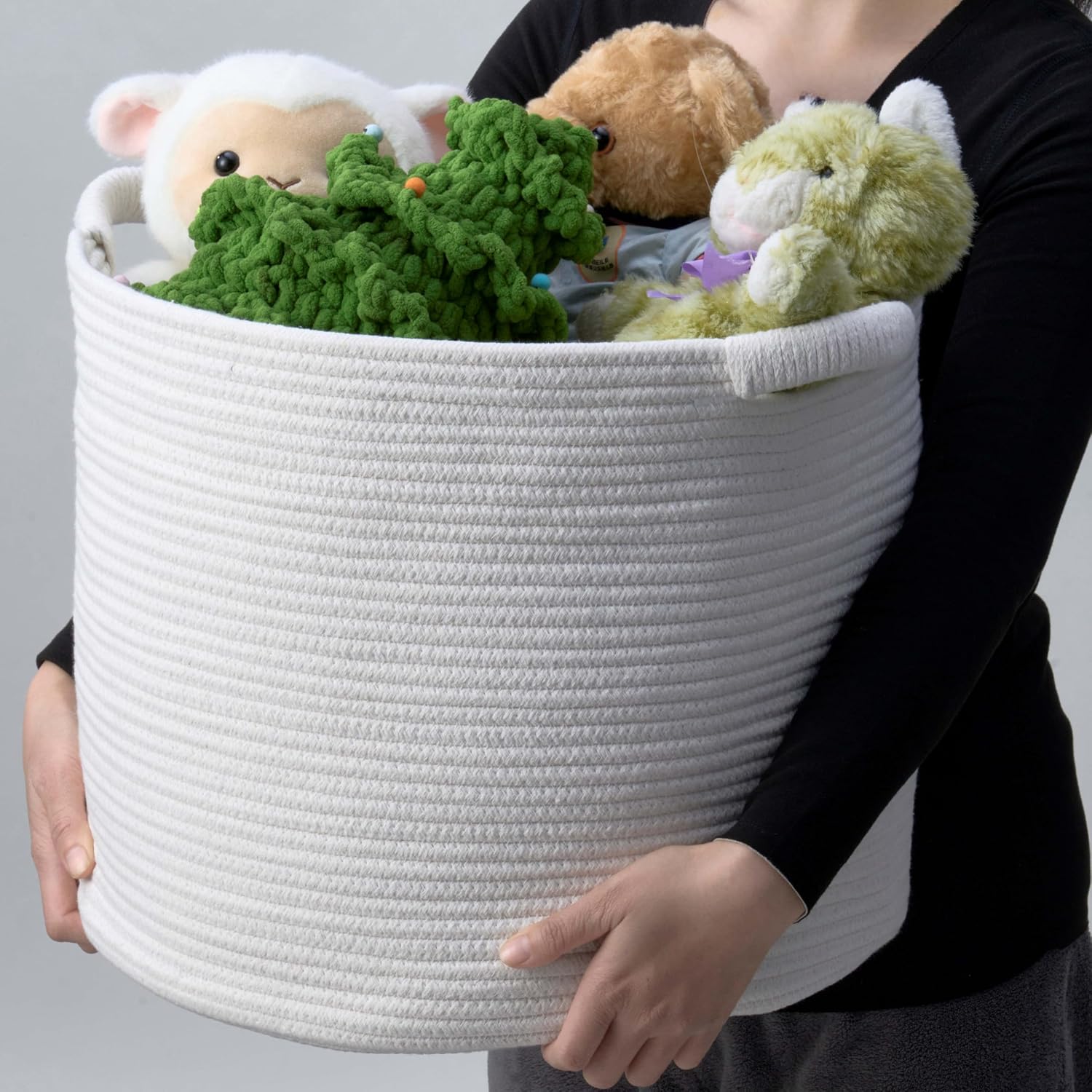 Blanket Basket (16" Dx14 H) - Round Woven Rope Storage for Living Room Throws, Pillows & Laundry- White