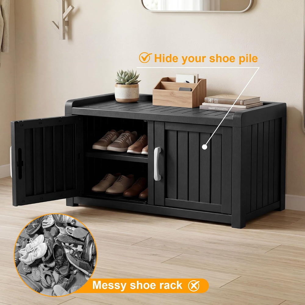 2-Tier Storage Bench, Waterproof UV-Resistant Outdoor Shoe Storage Cabinet ，O...