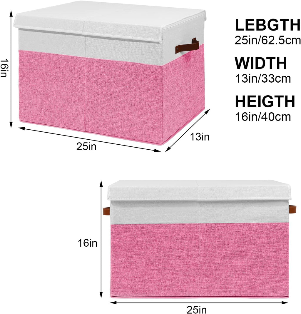 Large Toy Box with Lid, Sturdy Toy Storage Chest Bin Boxes Organizer Basket with Dividers for Toddlers, Kids, Boys, Girls, Nursery, Closet, Bedroom, Playroom 25"x13" x16" (Pink and White)