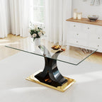 Modern Luxury Glass Dining Table for 4-6, 63'' Clear Tempered Glass Top Dinette Table, Minimalism Large Apartment Rectangle Kitchen Table with Black MDF & Gold Stainless Steel Base