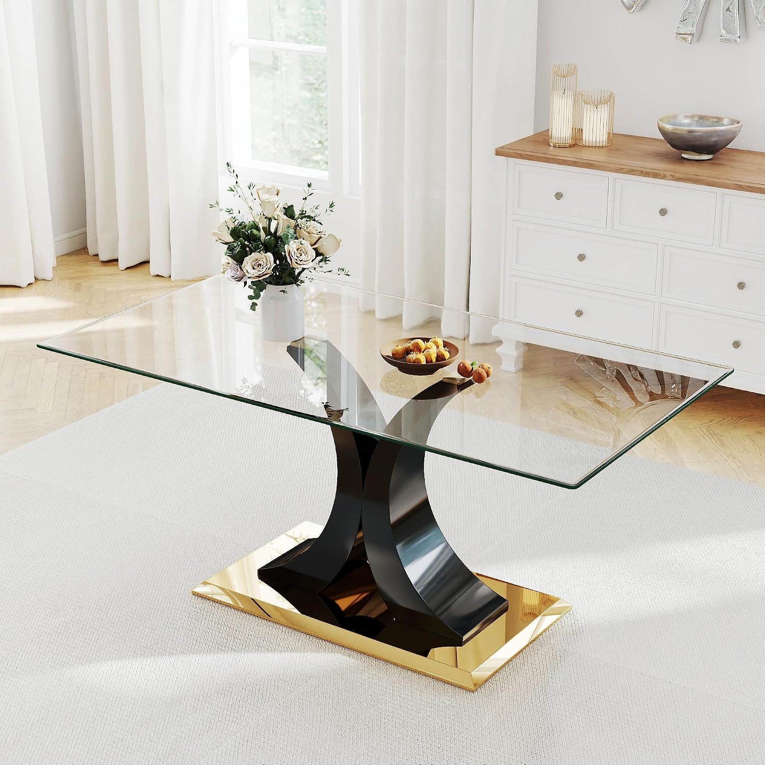 Modern Luxury Glass Dining Table for 4-6, 63'' Clear Tempered Glass Top Dinette Table, Minimalism Large Apartment Rectangle Kitchen Table with Black MDF & Gold Stainless Steel Base