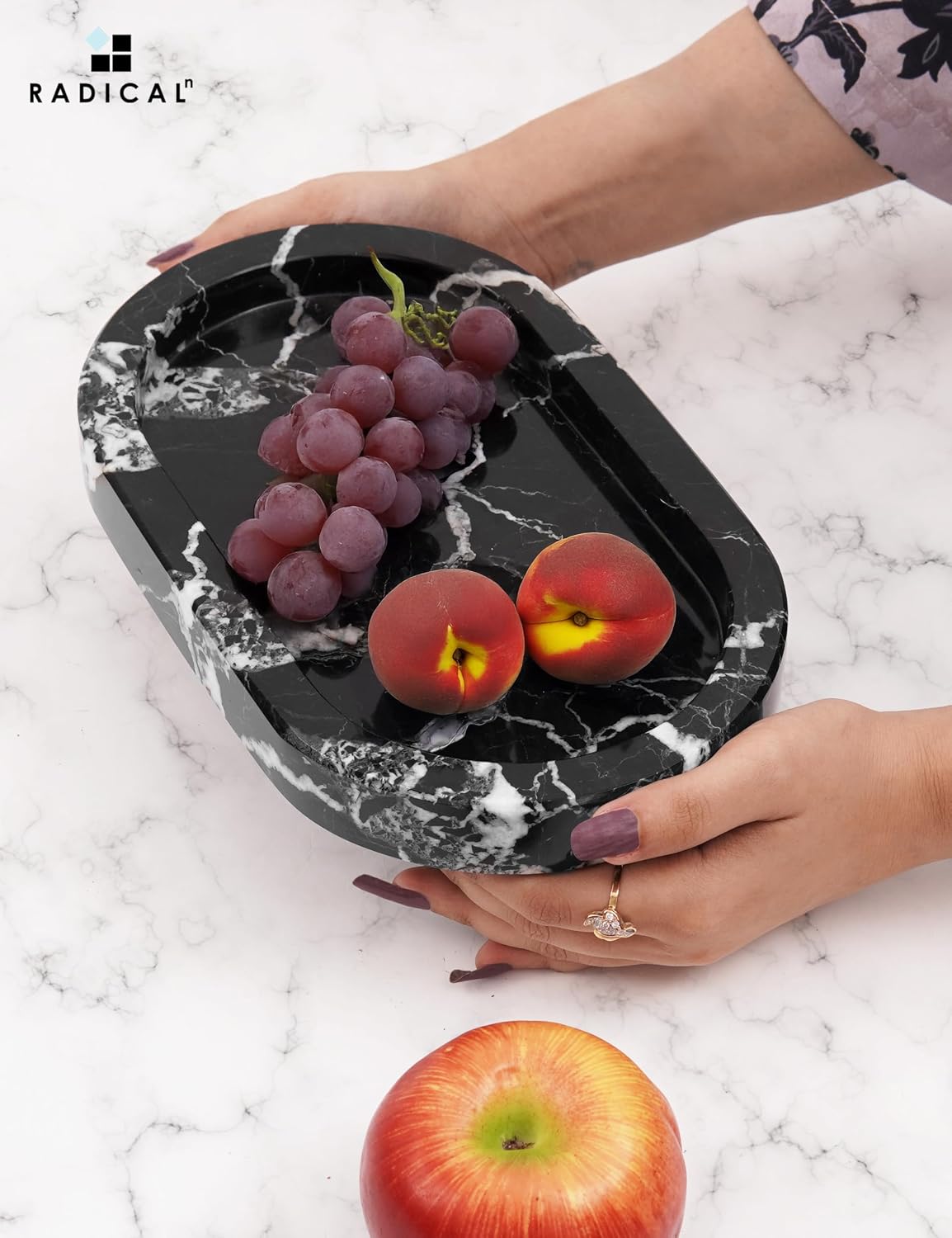 Radicaln Marble Tray with Feet 10" Decorative Bathroom Vanity Tray | decorative tray, Black Handmade Natural Stone, Marble Oval Tray, Pedestal Tray, Elegant Home Decor