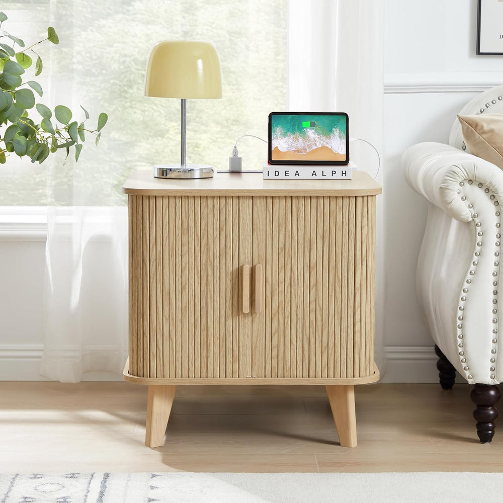 Nightstands Set of 2, 24 Inch Mid-Century Fluted End Table with Charging Stat...